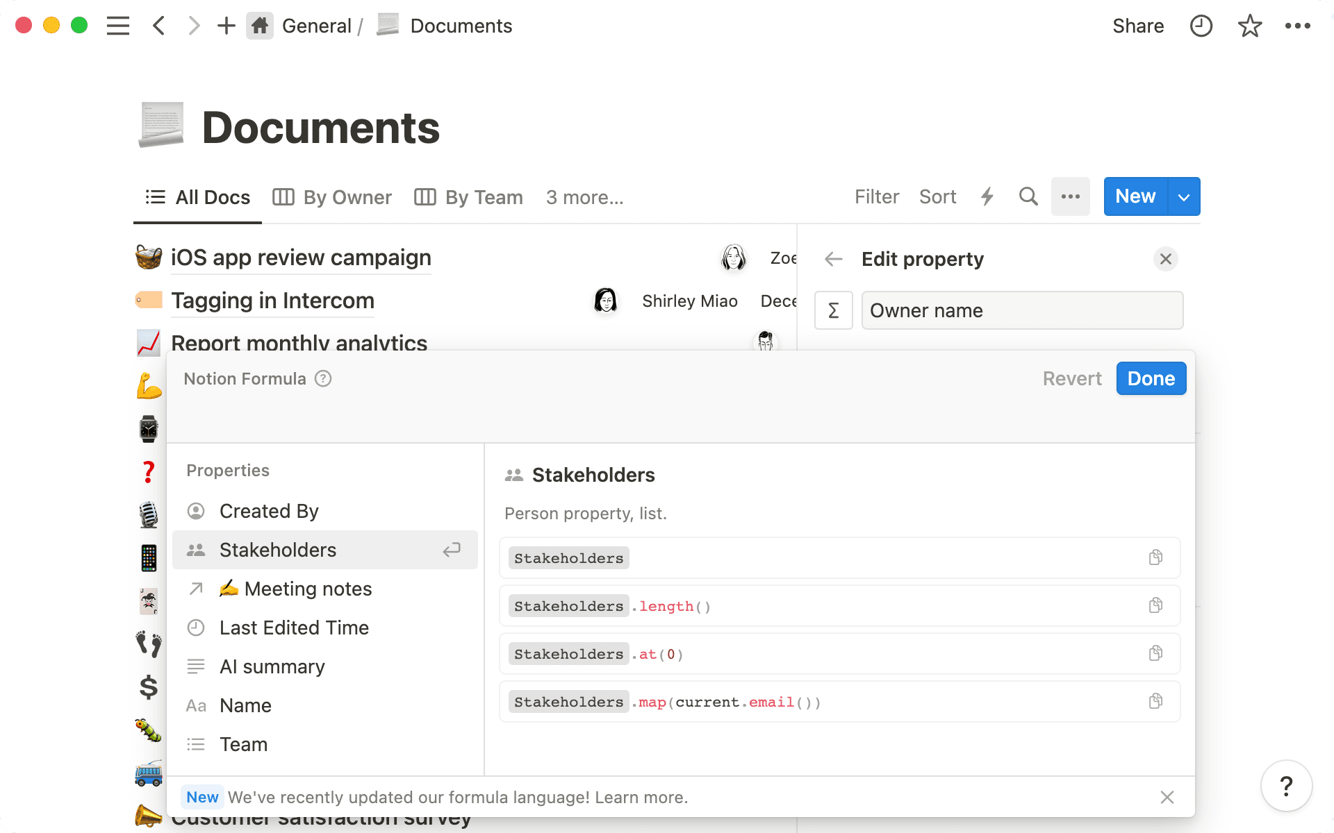 Notion's formula editor contains properties, functions, and more.
