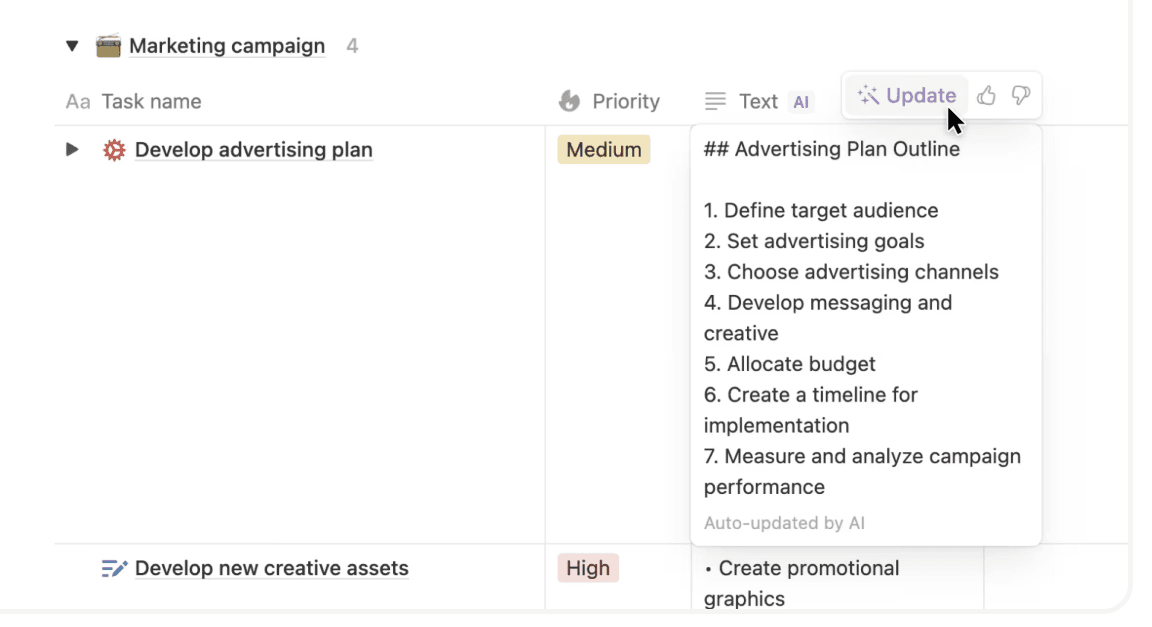 A user autofills a marketing campaign database with an AI-generated update.